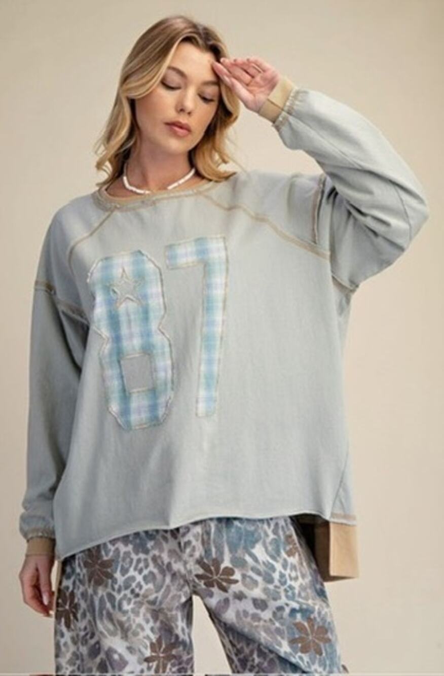 E1987. Easel 87 Patch Oversized Cotton High-Low Pullover NWT